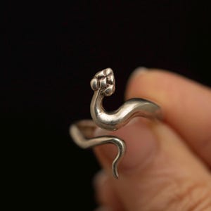 May include: A silver-toned metal ring shaped like a coiled snake. The ring features a textured, scale-like pattern on the head of the snake, while the body of the ring is smooth and wraps around to form an open, adjustable band design.