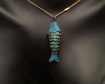 Antique Chinese Kingfisher Feather Fish Pendant · Tian-Tsui · Silver Gilt