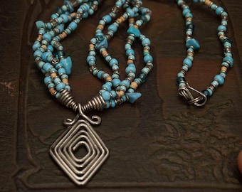 Turquoise Beaded Necklace with Silver Wire Charm Pendant and 3 Strands - 18"