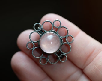 Silver Retro Abstract Design Brooch with Pink Spinel Cabochon