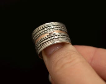 Vintage Sterling Silver & Copper Wide Band Ring · Textured Spinner Style