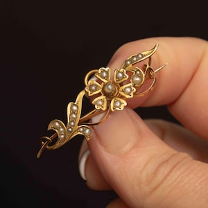 Spilla pendente antica in oro 9 carati con perle di semi – Design floreale vittoriano con scatola originale