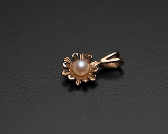 Delicate 10k Gold Flower Pendant with Cultured Seed Pearl Center