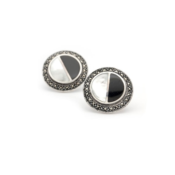 Mexican Obsidian Mother of Pearl Marcasite Silver
