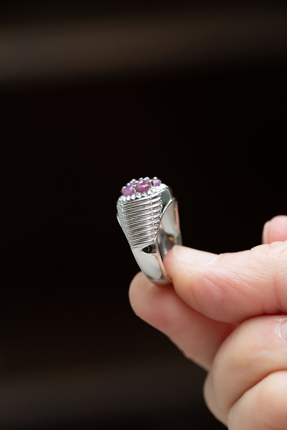 Silver Ruby Cluster Ring with Geometric Designs - image 8