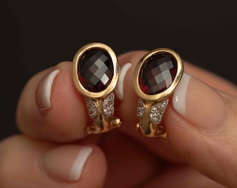 Vintage 14k Gold Garnet & Diamond Omega-Back Earrings • 5.8g • Checkerboard Cut