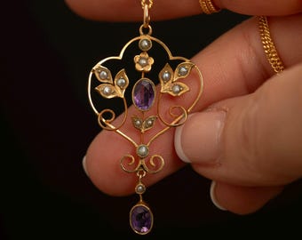 Antique 9k Gold Amethyst & Seed Pearl Pendant · Art Nouveau Lavaliere · Edwardian Style