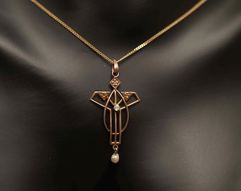 Antique 10K Gold Diamond & Pearl Pendant · Art Nouveau · Pearl Drop