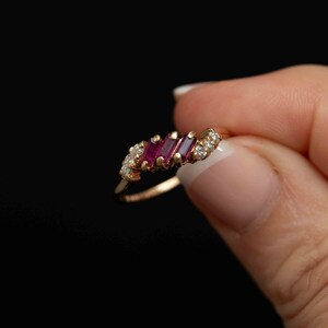 Vintage 14K Gold Ruby Diamond Ring · Bypass Design · Baguette Rubies