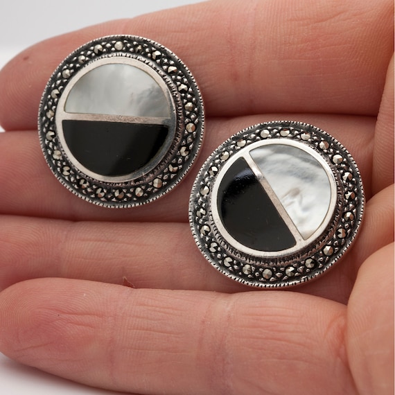Mexican Obsidian Mother of Pearl Marcasite Silver