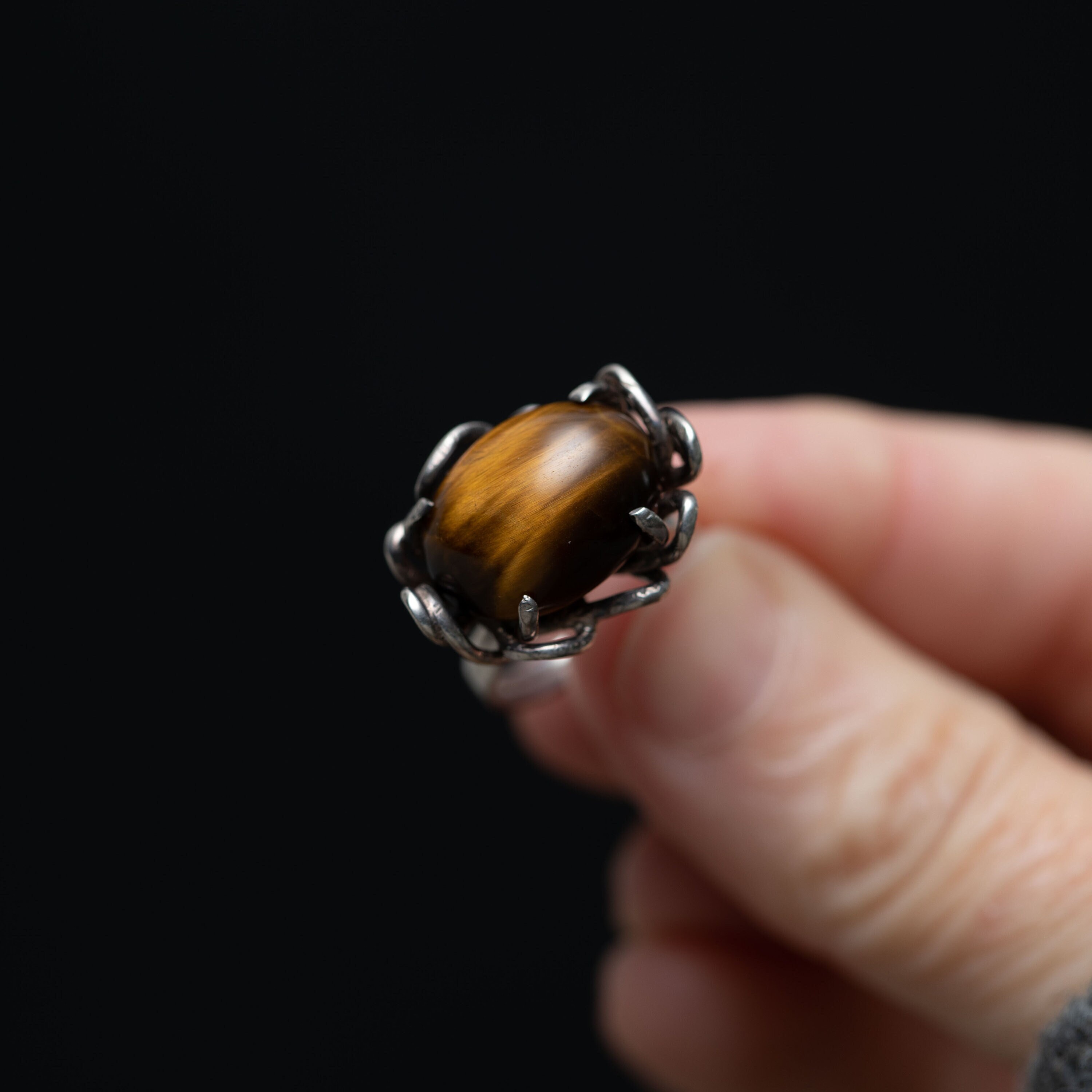 Handmade Silver Tigers Eye Ring With Freeform Wire Loop Setting