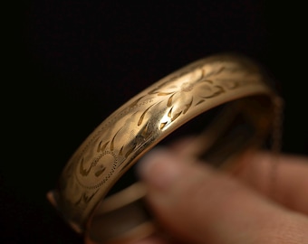 Vintage Birks Gold Filled Floral Engraved Bangle · Hinged Bracelet · Safety Chain