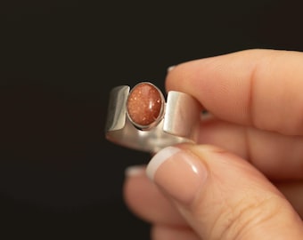 Vintage Sterling Silver Goldstone Ring · Wide Modernist Band · Sculptural Statement