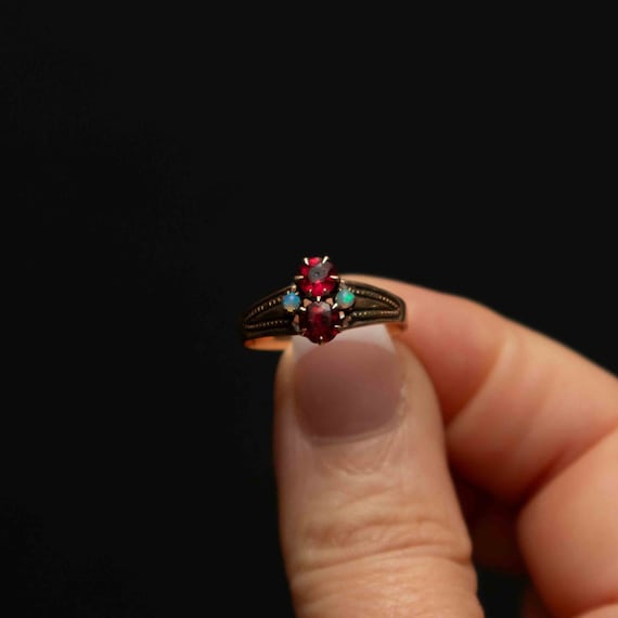 10k Gold Victorian Style Ruby Paste Ring with Opa… - image 1