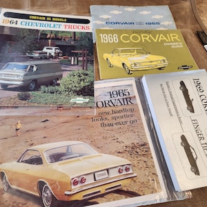 1965 Chevrolet Corvair and 1964 Corvair 95 Models sales brochures, Corvair 1965 & 1966 Owners Guides and 1969 Corvair Finger Tip Facts.