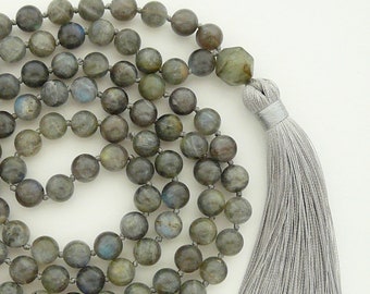 Labladorite 108 Mala Necklace, Grey Gemstones Necklace, 8mm Gray Labradorite Necklace for Womens, for Mens Gift, Long Tassel Necklace