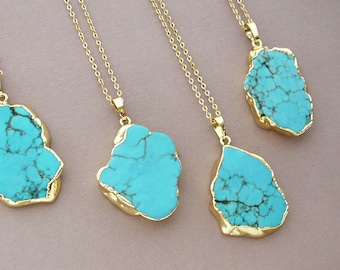 Turquoise Necklace, Gold Turquoise Pendant Necklace, Blue Gemstone Necklace, Turquoise Jewelry Gift for Women, Girlfriend Gift Long Necklace