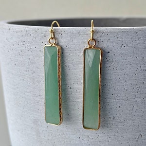 Aventurine Earrings, Natural Aventurine Stone Earings, Rectangle Green Stone Dangle Earrings, Aventurine Jewelry, Green Gold Earrings