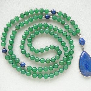 Green Aventurine Mala Lapis Lazuli Pendant Necklace for Mom Gift for Women 108 Mala Necklace Knotted Green Blue Long Necklace Yoga Jewelry image 1