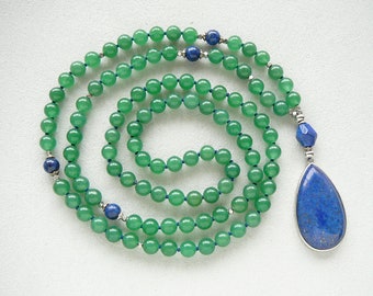 Green Aventurine Mala Lapis Lazuli Pendant Necklace for Mom Gift for Women 108 Mala Necklace Knotted Green Blue Long Necklace Yoga Jewelry