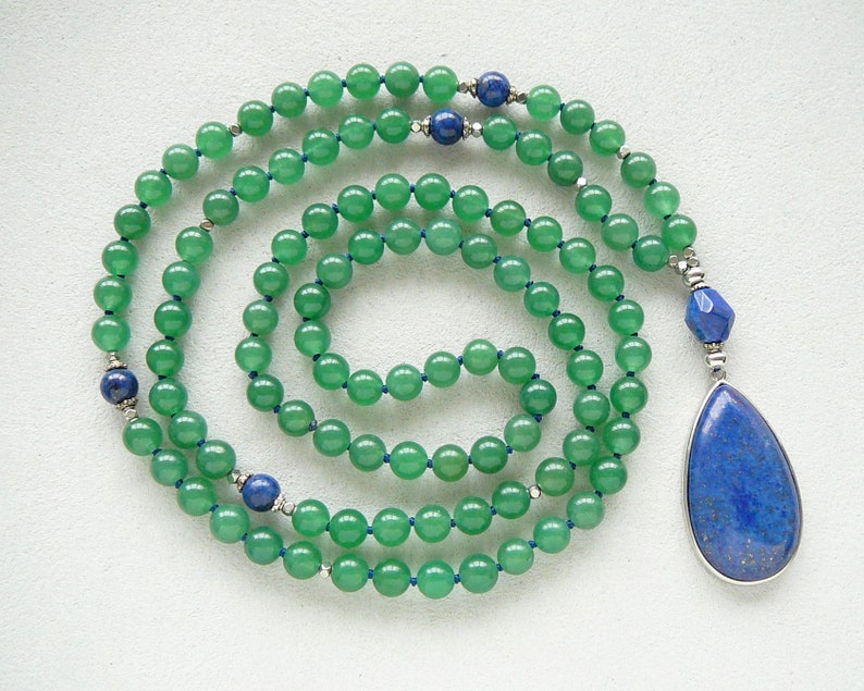 Green Aventurine Mala Lapis Lazuli Pendant Necklace for Mom Gift for Women 108 Mala Necklace Knotted Green Blue Long Necklace Yoga Jewelry image 1
