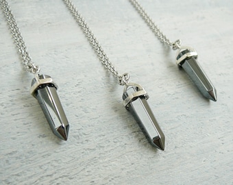 Hematite Necklace Hematite pendant Long silver necklace pendant Gray stone bullet necklace for men women hematite crystal necklace jewelry