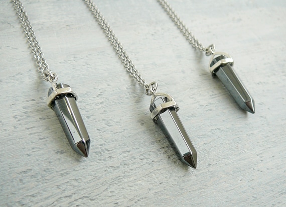 Hematite Necklace Hematite Pendant Long Silver Necklace Pendant Gray Stone Bullet Necklace for Men Women Hematite Crystal Necklace Jewelry Etsy Canada