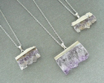 Amethyst Druzy Necklace, Women Healing Necklace, Raw Amethyst Crystal Pendant, Silver Amethyst Slice Necklaces, February Birthstone Necklace
