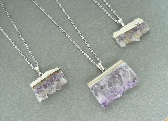 Amethyst Druzy Necklace, Women Healing Necklace, Raw Amethyst Crystal Pendant, Silver Amethyst Slice Necklaces, February Birthstone Necklace