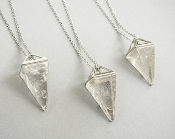 Clear Quartz Necklace Crystalline Silver Pendant Long Necklace Natural Crystal Quartz Triangle Pyramid Pendant Necklaces for women gift