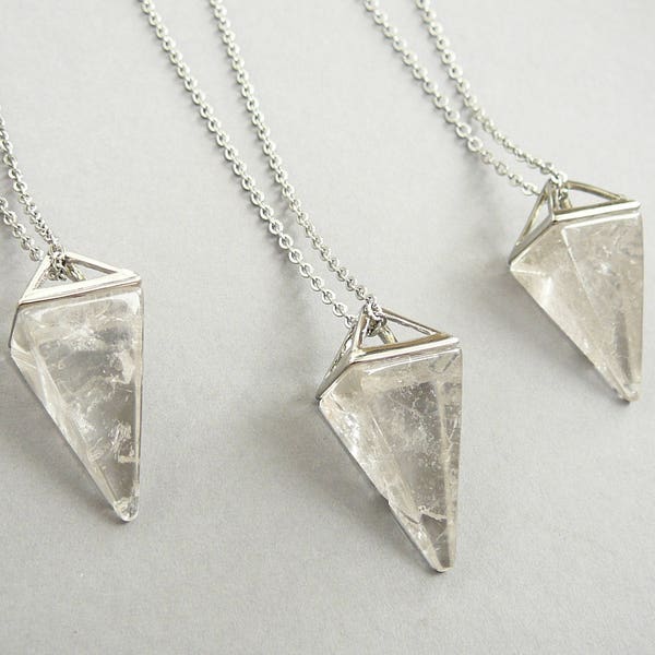 Clear Quartz Necklace Crystalline Silver Pendant Long Necklace Natural Crystal Quartz Triangle Pyramid Pendant Necklaces for women gift