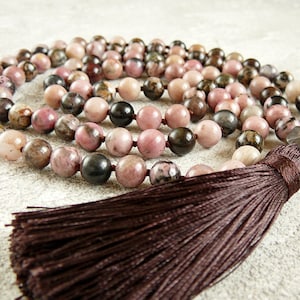 Rhodonite Mala, Rhodonite Necklace, Hand Knotted Tassel 108 Mala Necklaces, Natural Rhodonite Beads, Meditation Necklace, Yoga Jewelry Gift