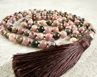 Rhodonite Mala, Rhodonite Necklace, Hand Knotted Tassel 108 Mala Necklaces, Natural Rhodonite Beads, Meditation Necklace, Yoga Jewelry Gift