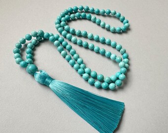 Howlietketting, lange ketting mint howliet, handgeknoopte ketting, groene munt ketting met kwastjes, 108 mala-ketting