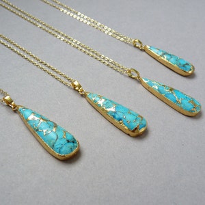 Turquoise Gold Drop Necklace, Blue Turquoise Pendant, Long Layering Necklace, Gift for Women, Blue Stone Pendant Necklaces for Women Jewelry