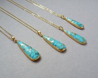 Turquoise Gold Drop Necklace, Blue Turquoise Pendant, Long Layering Necklace, Gift for Women, Blue Stone Pendant Necklaces for Women Jewelry