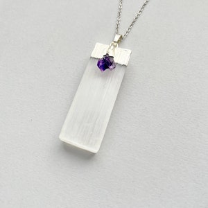 Selenite Amethyst Necklace, Raw Selenite Necklaces, Silver Amethyst Crystal Necklace, Selenite Amethyst Pendant, Men Women Crystal Necklace