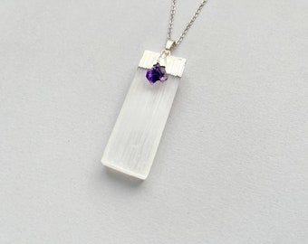 Selenite Amethyst Necklace, Raw Selenite Necklaces, Silver Amethyst Crystal Necklace, Selenite Amethyst Pendant, Men Women Crystal Necklace