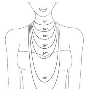 Pode incluir: Um desenho de linha a preto e branco de um torso exibindo v&aacute;rios comprimentos de colar. O texto NECKLACE LENGTH (IN INCHES) aparece no topo. Sete linhas curvas representam correntes rotuladas 14", 16", 18", 20", 24", 30" e 33".