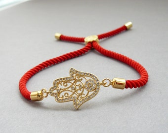 Hamsa Bracelet, Red Slider Bracelet for Women, Reg Gold Hamsa Hand Bracelets, Hand of Fatima Bracelet, Protection Jewelry, Gift for Women