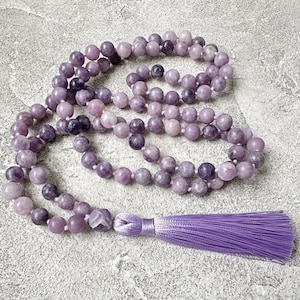 Mala Necklace 108 Mala Lepidolite Necklace Yoga Beaded Jewelry for Women Hand Knotted Long Necklace 108 Mala Beads Healing Bead Necklace