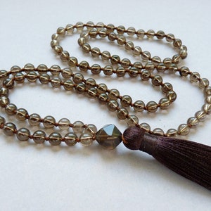 Smoky Quartz Mala Necklace, 6mm Smoky Quartz Long Tassel Necklace, 108 Mala Necklace, Hand Knotted Necklace, Natural Smoky Quartz Jewelry