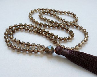 Smoky Quartz Mala Necklace, 6mm Smoky Quartz Long Tassel Necklace, 108 Mala Necklace, Hand Knotted Necklace, Natural Smoky Quartz Jewelry