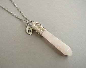 Rose Quartz Necklace Rose Quartz pendant Silver Letter necklace Natural Stones Long Necklaces for women Personalized Gemstone Necklace gift