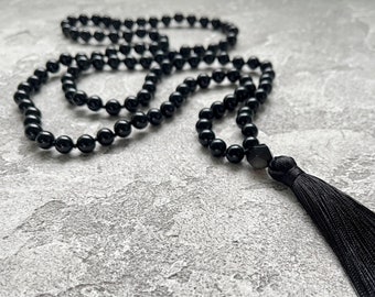 Black Agate Mala Necklace, 108 Mala Bead Necklace for Man for Women Gift, Black Onyx Mala Beaded Necklace, Hand Knotted Tassel Long Necklace