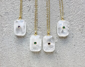 Natural Clear Quartz Pendant Necklace, Long Golden Chain, Rectangle Crystal Healing, Gift for Her