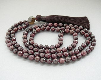 Garnet Mala Necklace, Faceted 6mm Garnet Beads, Hand Knotted 108 Mala Necklace, Long Tassel Necklace, Yoga Jewelry Gift for Men for Women