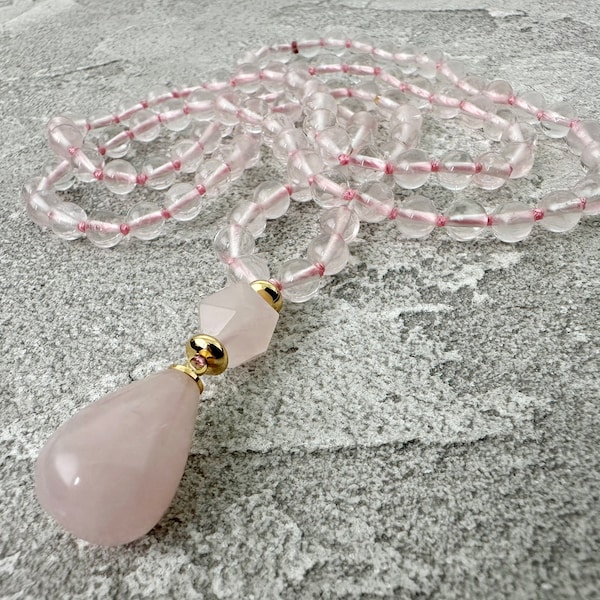 Rose Quartz Necklace, 6mm Rose Quartz  Gold  Necklace for Women, Long Necklace, Natural Rose Quartz Handknotted Necklace, Yoga Jewelry Gift