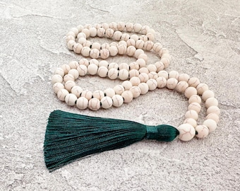 Long Mala Necklace, Beige Howlite Mala Beaded Necklace, Green Tassel, Hand Knotted Necklace, Yoga Spiritual Jewelry for Man for Women Gift
