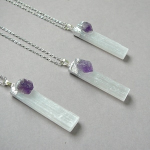 Selenite Necklace, Silver Raw Selenite Necklaces, Amethyst Crystal Necklace, Selenite Amethyst Pendant, Healing Crystal Necklaces for Women